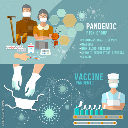 Risk group. Elderly people, pensioners. Coronavirus medical banner. COVID-19 (SARS-CoV-2). Stay home. Quarantine. Self-isolation. Hygiene, virus control, precautions. Vector illustration
