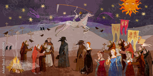 Coronavirus art. Terrible doctors. Plague epidemic. Horseman of death on horse. Middle Ages parchment style. World pestilence. Ancient book illustration. Medieval scene