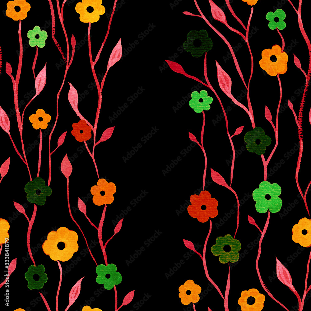 Floral seamless pattern. Floral print. Flowers on branches with leaves on a black background. Print for printing on fabric, gift wrapping, wallpaper, postcard.