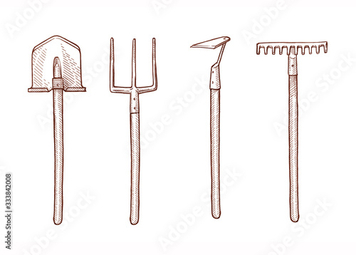 Cuadro en lienzo Engraving vintage tools/rake, hoe, shovel, pitchfork
