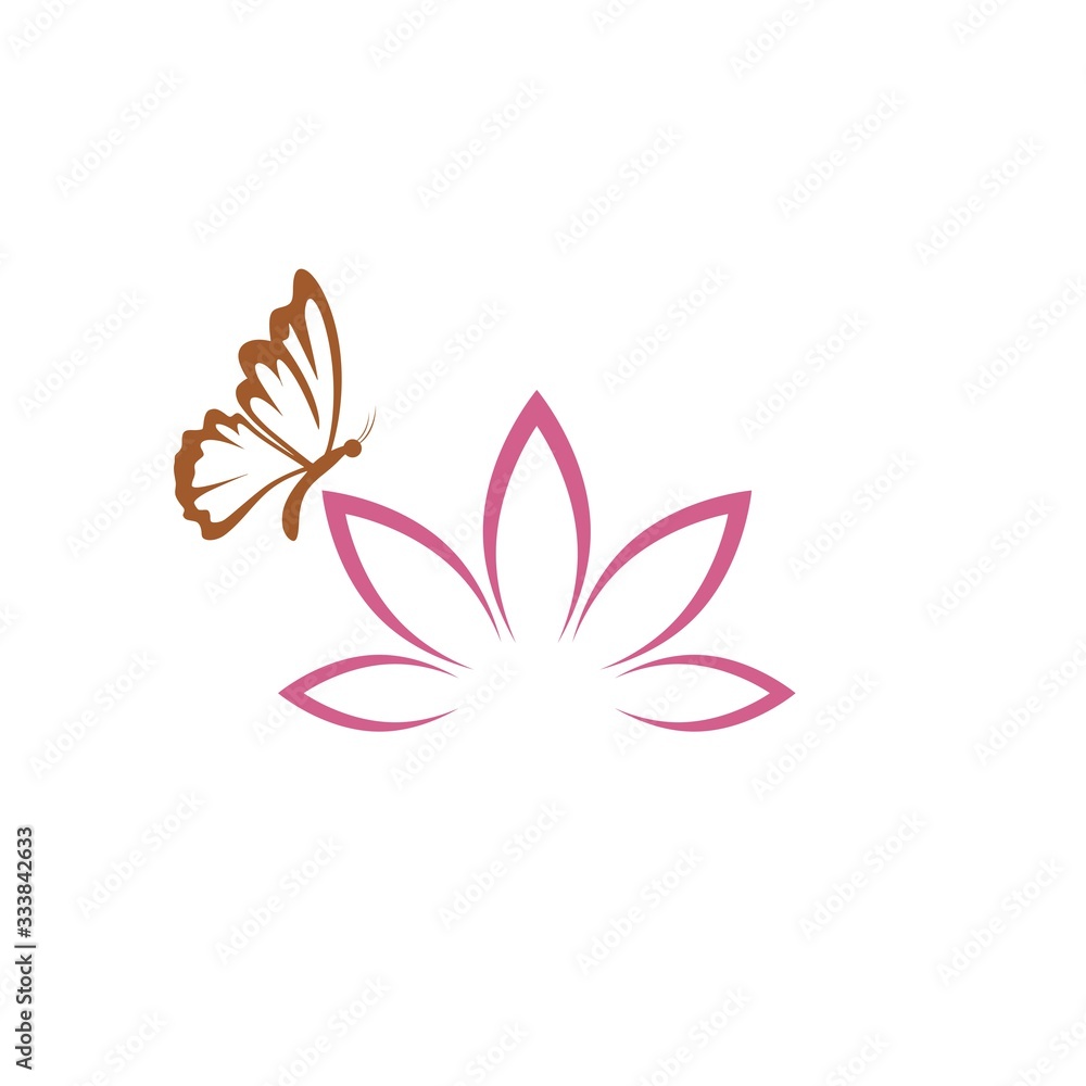 The blossoming lotus symbol with flying butterfly icon isolated on white background