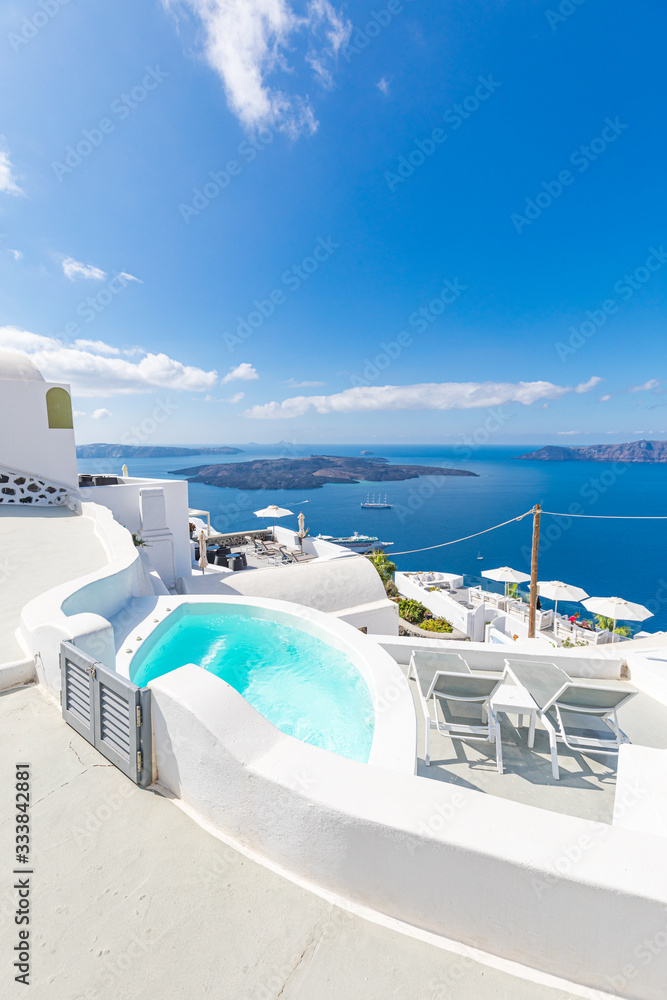 Amazing travel scenery of Santorini island. Tranquil vacation summer holiday on the famous tourism destination Greece, Europe. Luxury traveling concept background. Boost color process photo