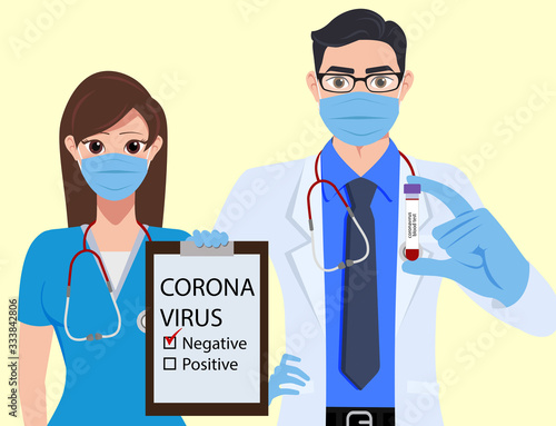 Medical character vector concept design. Doctor and nurse hospital staff characters showing and presenting corona virus negative test result. Vector illustration.