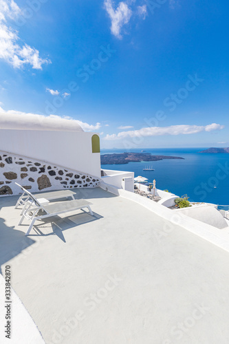 Amazing travel scenery of Santorini island. Tranquil vacation summer holiday on the famous tourism destination Greece, Europe. Luxury traveling concept background. Boost color process photo
