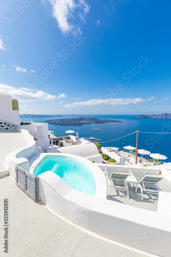 Amazing travel scenery of Santorini island. Tranquil vacation summer holiday on the famous tourism destination Greece  Europe. Luxury traveling concept background. Boost color process photo