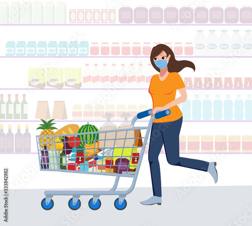 Corona virus character vector concept design. Woman character shopping foods, goods, panic buying and hoarding products for the quarantine. Vector illustration.