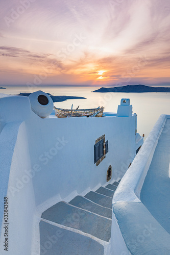 Tranquil sunset landscape in Santorini. A detail of traditional house at Santorini island, Greece on sunset