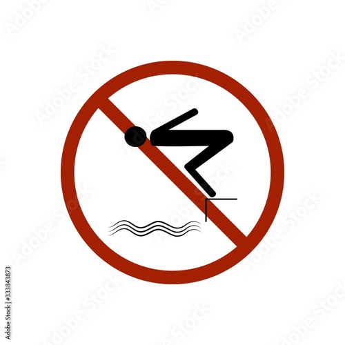 Dont jump into the water. Dangerous dive. Sign danger on beach, in river, sea, aqua. Warning of danger during jump in. Colorful template for poster, etc. Design flat element. Vector illustration