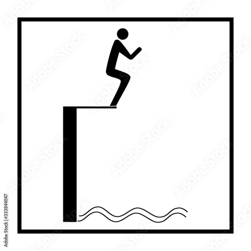 Sports. Ski jumping in water. Safety dive. Sign safeness on beach, in river, sea, etc. Warning of protection during jump in. Colorful template for poster. Design flat element. Vector illustration.