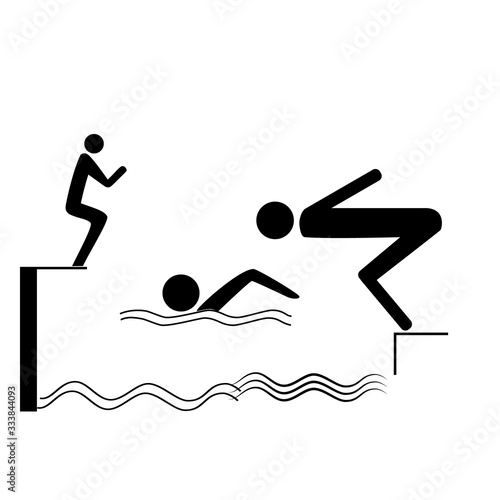 Sports. Place for jumping in water. Safety dive. Sign safeness on pool, beach, in river, sea. Warning of protection during jump in. Monochrome template for poster. Design element. Vector illustration.
