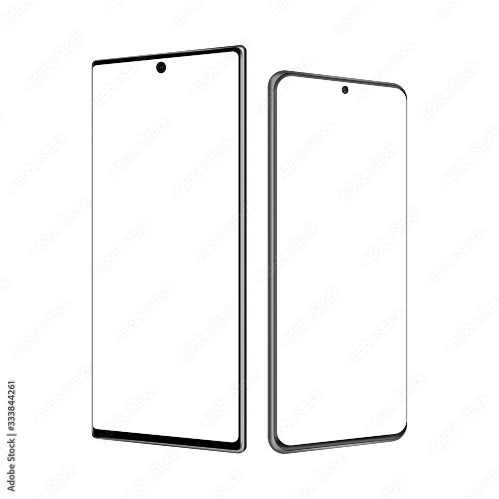 Two modern frameless mobile phones isolated on white background, side view. Vector illustration Two modern frameless mobile phones isolated on white background, side view. Vector illustration