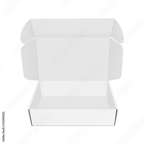 Opened empty paper box mockup isolated on white background. Vector illustration