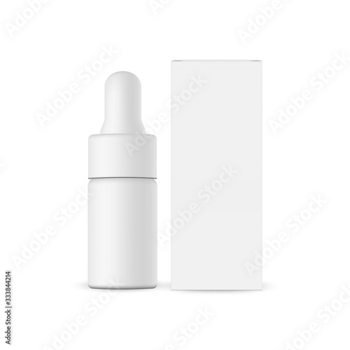Small dropper bottle with paper box mockup, isolated on white background, front view. Vector illustration photo