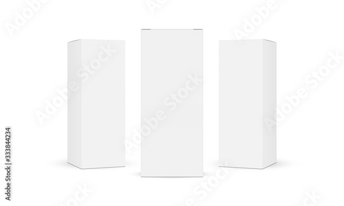 Three cardboard rectangular packaging boxes mockups isolated on white background. Vector illustration © Evgeniy Zimin