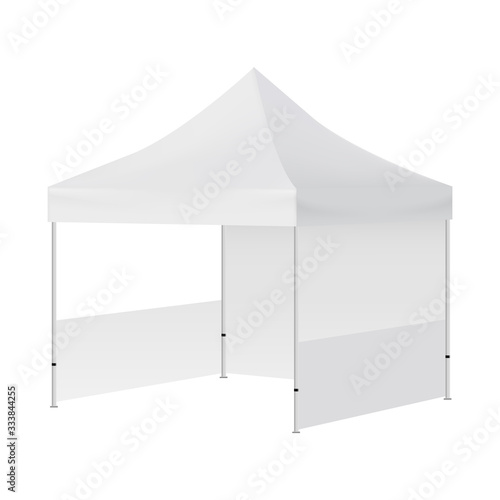 Display tent mockup with two walls isolated on white background - half side view. Vector illustration