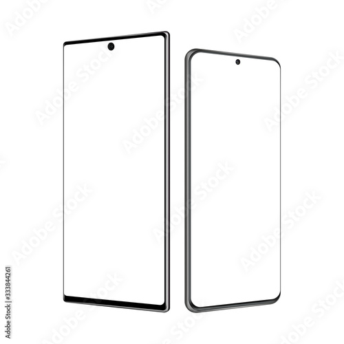 Two modern frameless mobile phones isolated on white background, side view. Vector illustration