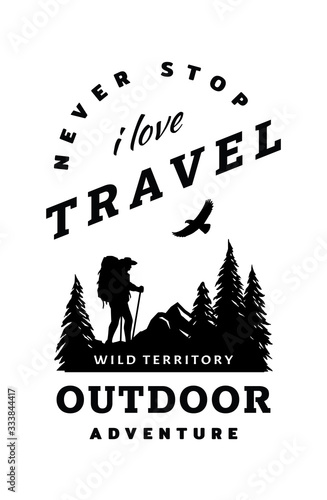 Silhouette of a traveler on a background of wildlife. Poster, t shirt design and quotes.