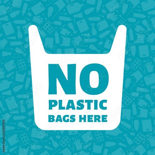 No plastic bags here concept vector illustration. Single use plastic bag with sign on trash background Prevent ocean pollution ecology concept, store sign label template