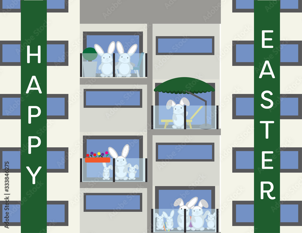 Cute Rabbits Looking From Building Terrace and Green White Happy Easter Flag