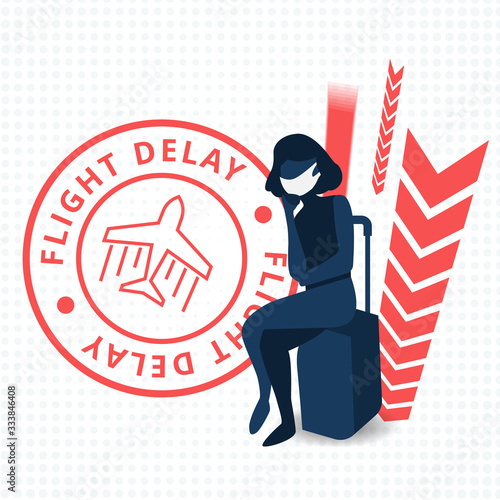Flight delayed, postponed, canceled. woman is very upset. Illustration, vector, flat