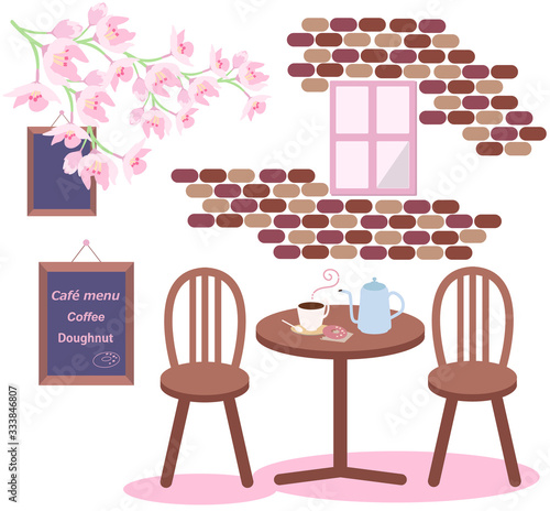 桜とカフェ風景のイラスト