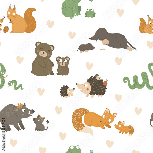 Vector seamless pattern with baby animals and their parents. Funny woodland animal background showing family love. Cute forest animalistic texture for Mother’s Day design.