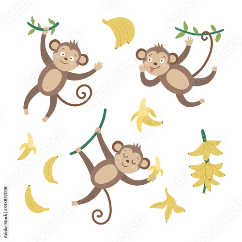 Vector set with cute monkeys with bananas isolated on white background. Funny tropical animals and fruit illustration. Bright flat picture for children. Jungle summer clip art.