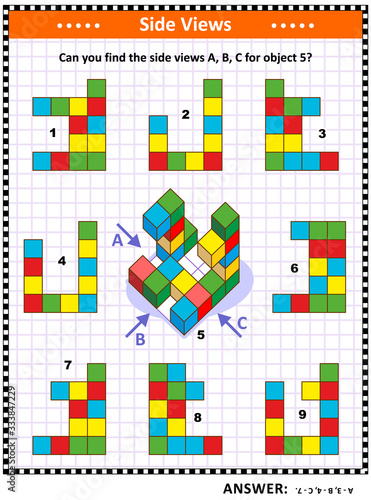 IQ, memory and spatial reasoning training educational math puzzle with building blocks: Can you find the side views A, B, C for object 5? Answer included.