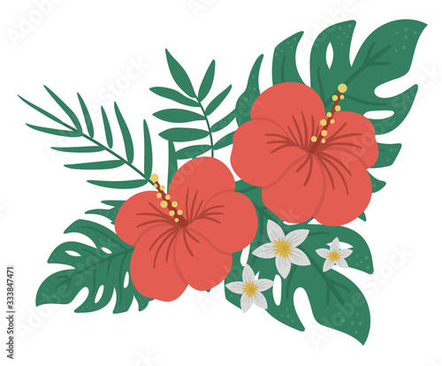 Vector tropical composition with red hibiscus, monstera, palm leaves and white flowers isolated on white background. Bright flat style exotic design element. Summer floral clip art.