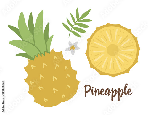 Vector pineapple clip art. Jungle fruit illustration. Hand drawn flat exotic plants isolated on white background. Bright childish healthy tropical summer food illustration..