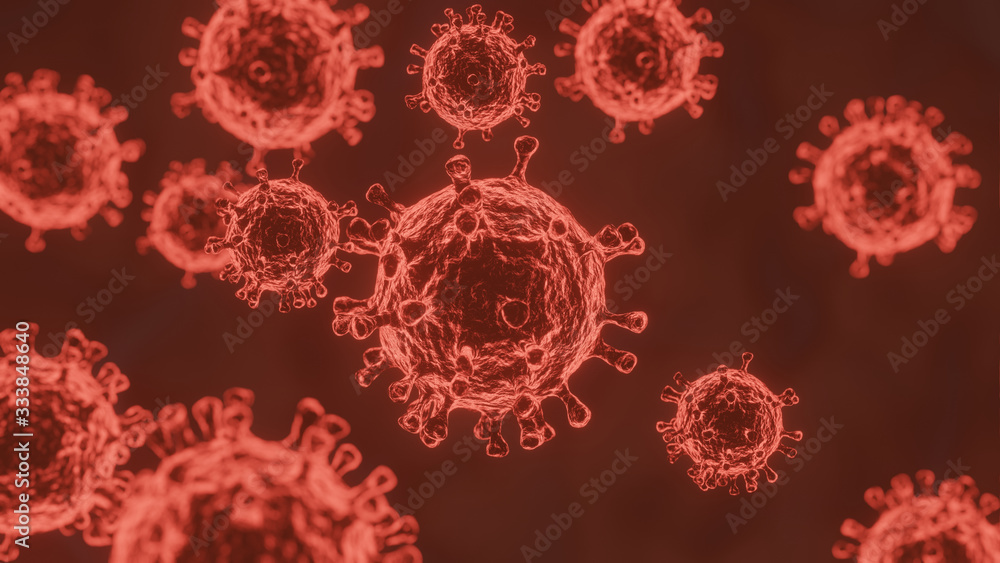Chinese virus 2019-nCoV coronavirus COVID-19 virus floating in a cellular environment, 3D rendering of virus,