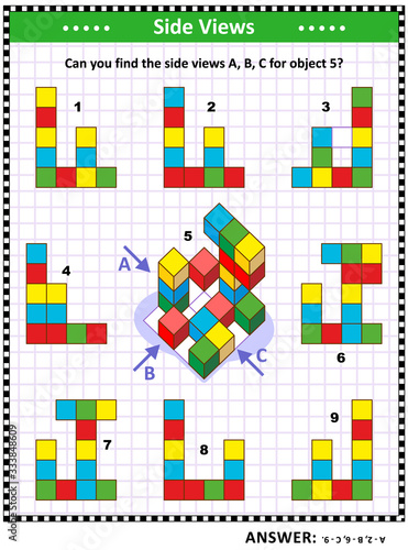 IQ, memory and spatial reasoning training educational math puzzle with building blocks: Can you find the side views A, B, C for object 5? Answer included.
