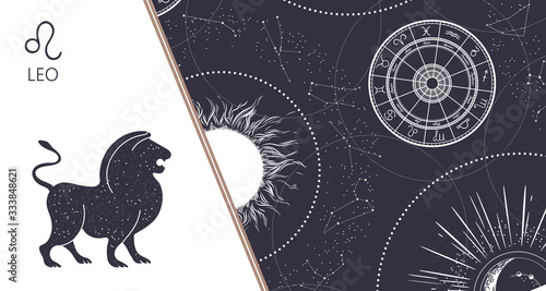 Zodiac background. Constellation Leo. Horizontal banner. Vector illustration