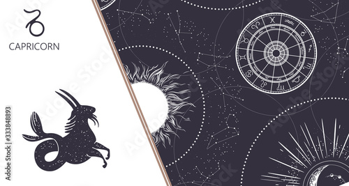 Zodiac background. Constellation Capricorn. Horizontal banner. Vector illustration