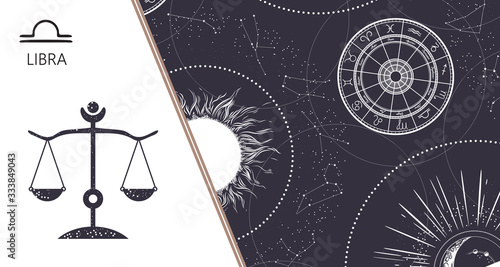 Zodiac background. Constellation Libra. Horizontal banner. Vector illustration
