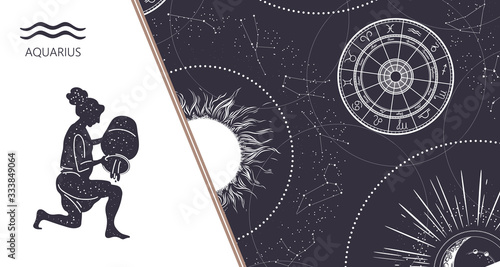 Zodiac background. Constellation Aquarius. Horizontal banner. Vector illustration