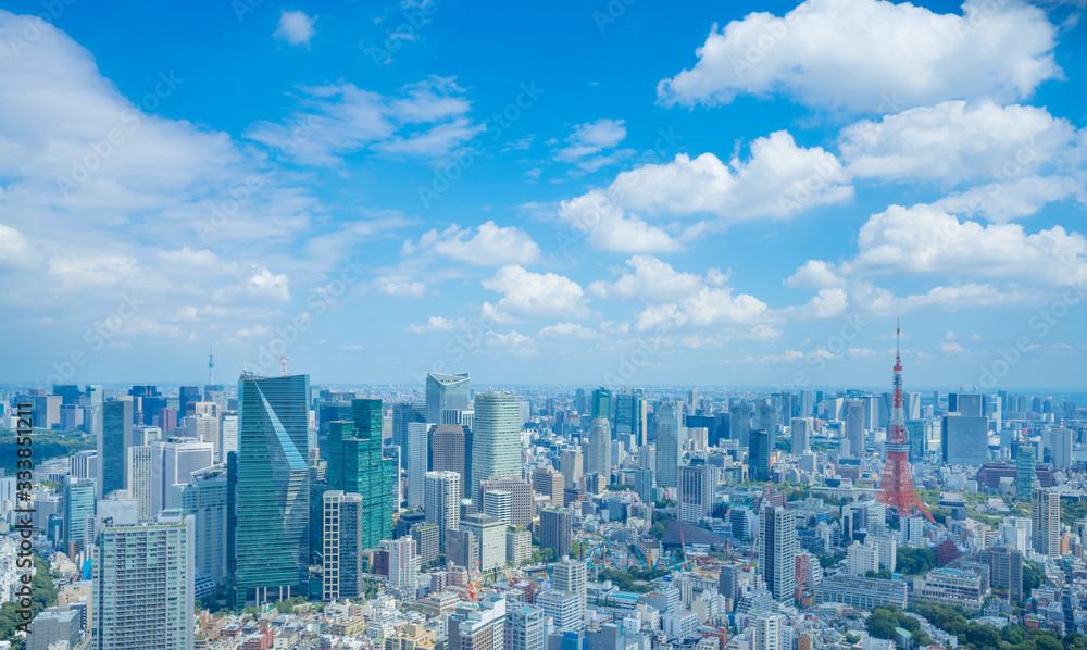東京風景 タイムラプス 2019年 夏空　東京タワーと東京スカイツリー　入道雲