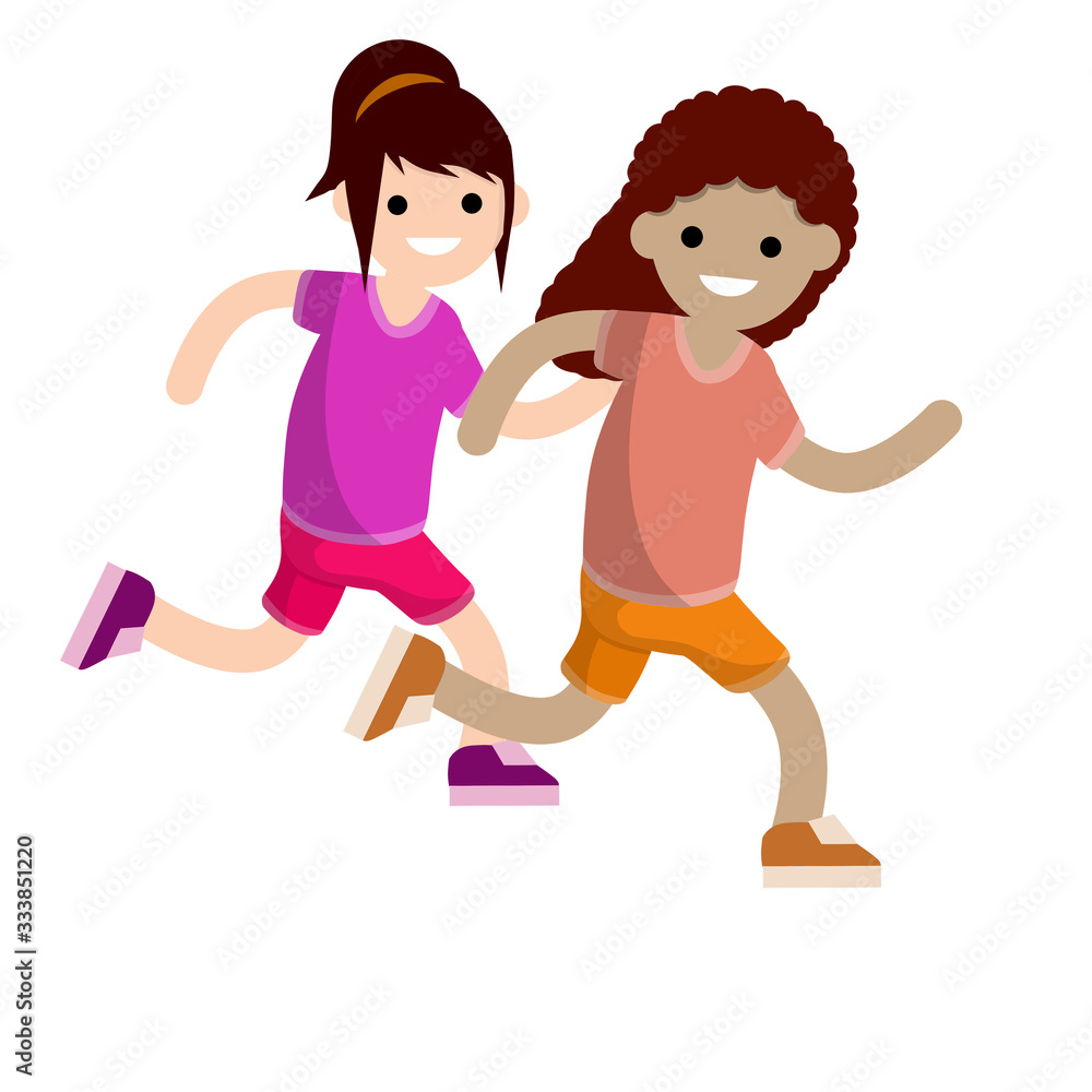 Woman running race. Sports and entertainment. Summer clothes-shorts and t-shirt. Young girl competes with friend. Cartoon flat illustration