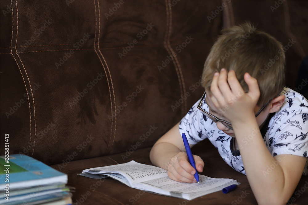 a boy does lessons in quarantine, self-education of a child during an epidemic, home education a boy does lessons in quarantine, self-education of a child during an epidemic, home education