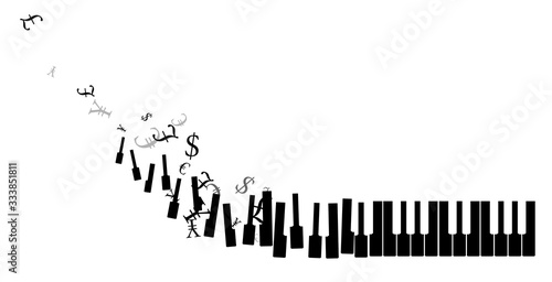 Piano keys with flying up currencies. Vector decoration from scattered elements. Monochrome isolated silhouette. Conceptual illustration.