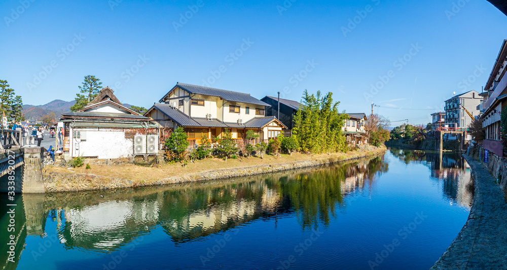 Riverside landscape reflection on the river, Kyoto, Japan Riverside landscape reflection on the river, Kyoto, Japan