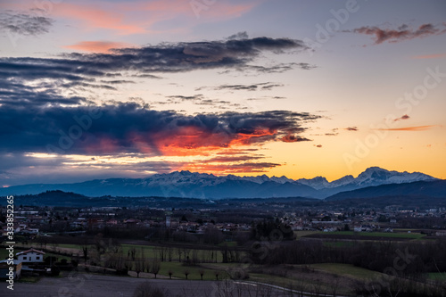 Winter colorful sunset in the countryside of Friuli-Venezia Giulia  Italy