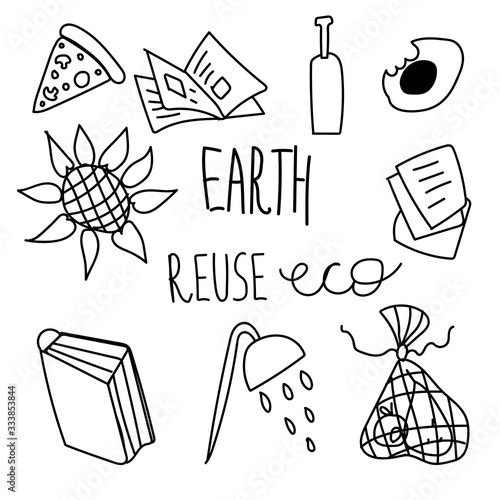 Set of vector ecology of elements. Lettering earth,reuse,reduce,eco,sunflower,book, avocado, shower, pizza, paper, newspaper, glass bottle, eco bag for fruits and vegetables doodle.