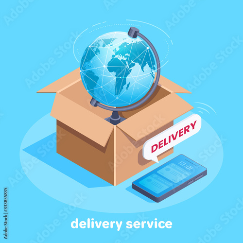 isometric vector image on a blue background, a globe in a cardboard box and a smartphone with the message delivery, sending and delivery of goods worldwide