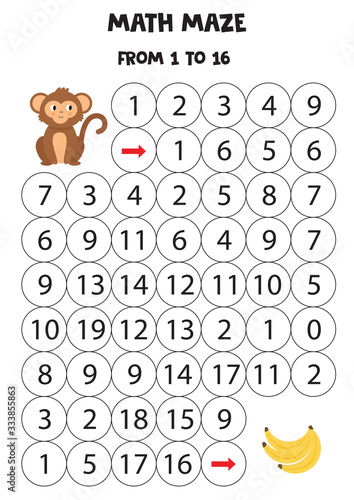 Mathematical maze for kids. Count from 1 to 16. Cute monkey goes to bananas.