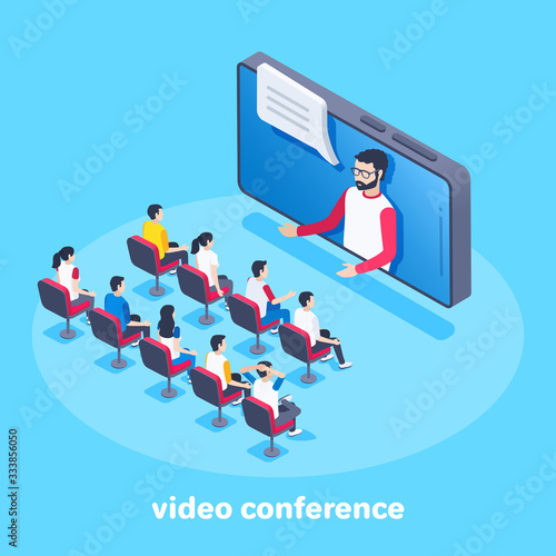 isometric vector image on a blue background, a man with glasses communicates online through a smartphone with students, distance learning