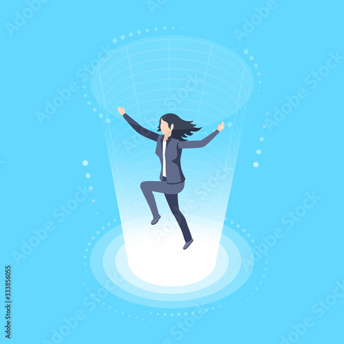 isometric vector image on a blue background, woman inside the portal, virtual reality or teleportation