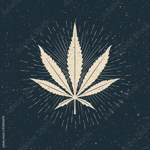 Leaf of marijuana light silhouette on dark background. Vintage styled vector illustration