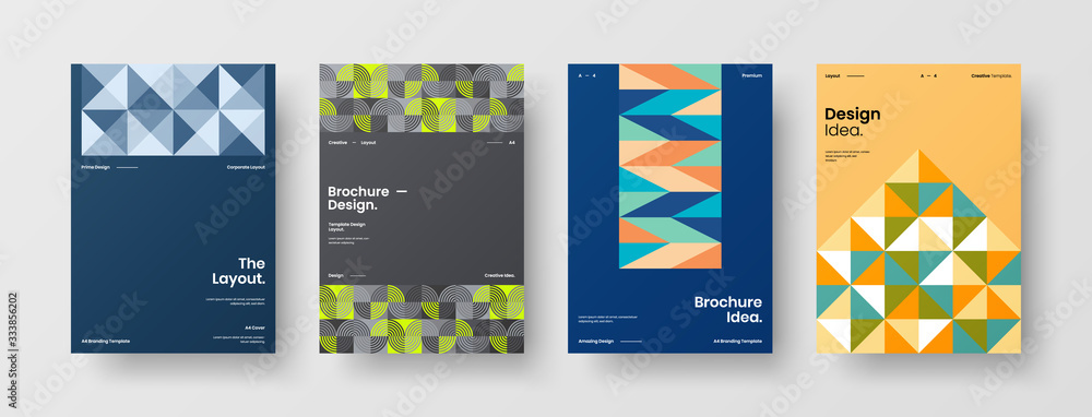 Fototapeta premium Business presentation vector A4 vertical orientation front page mock up set. Corporate report cover abstract geometric illustration design layout bundle. Company identity brochure template collection.