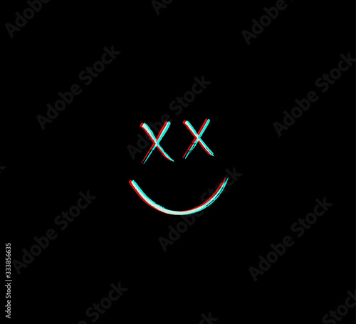 Hand drawn Smile emoji with glitch effect on black background. Vector illustration